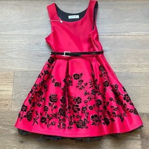NWT Red Satin Black Velvet Flower Glitter Accent Formal Sleeveless Dress Size 8